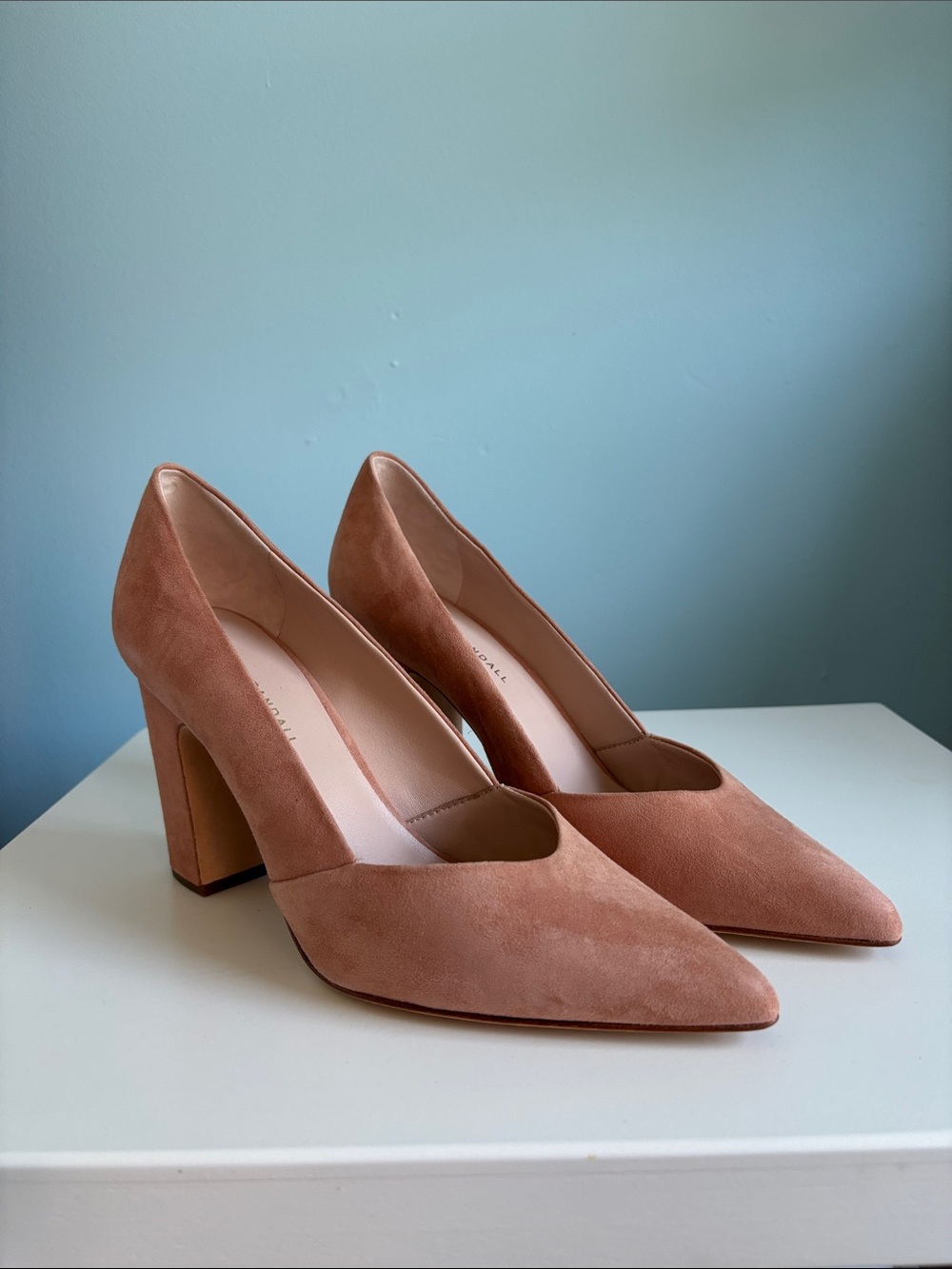 Loeffler Randall Suede Pointed Block Heels in Rose Tan